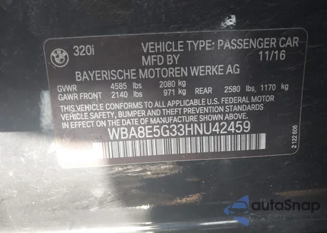 2017 BMW 320I xDrive из США, поврежденный, VIN WBA8E5G33HNU42459